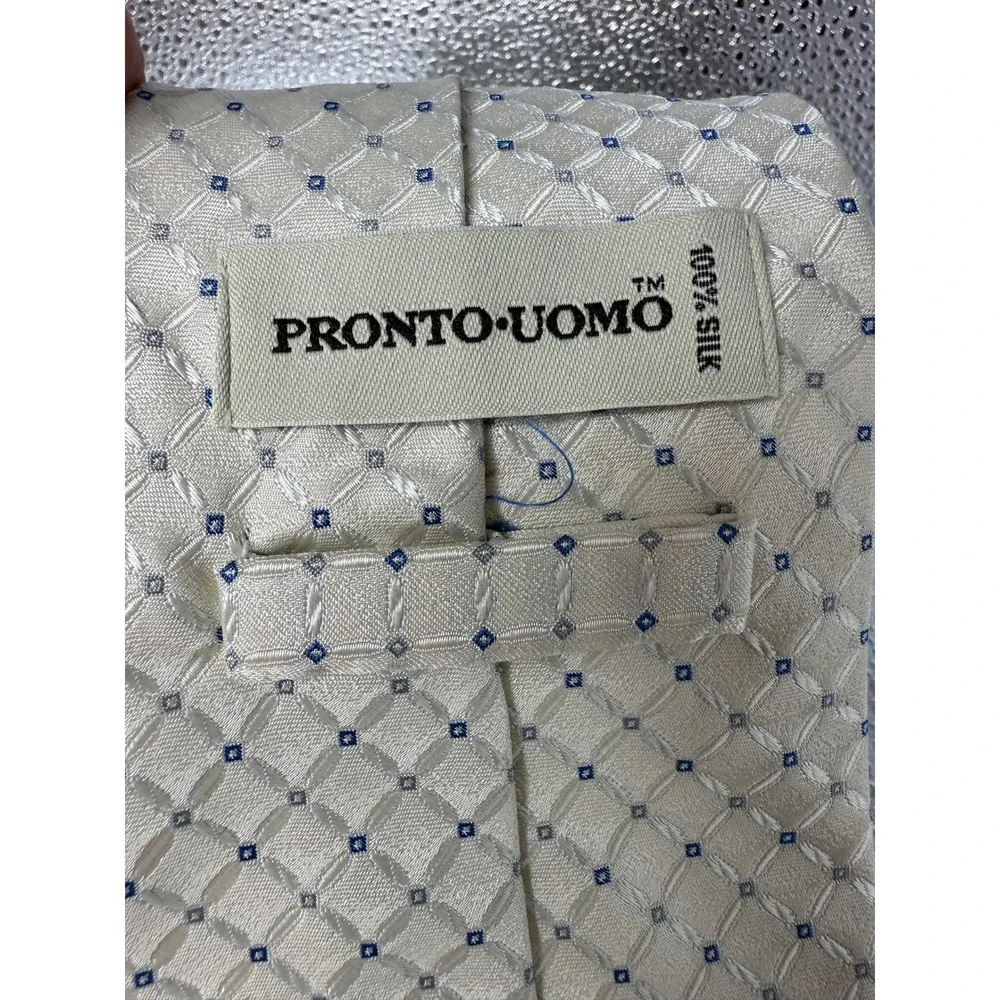 Pronto Uomo Silk Necktie Ivory Blue Geometric Pattern Business Formal‎
